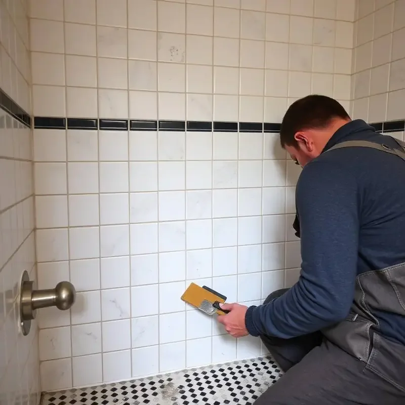 Person repairing the grout on a tiled shower wall