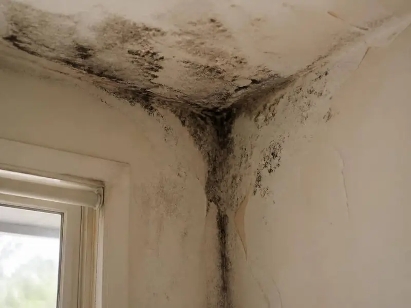 Mould staining in an interior wall and ceiling corner