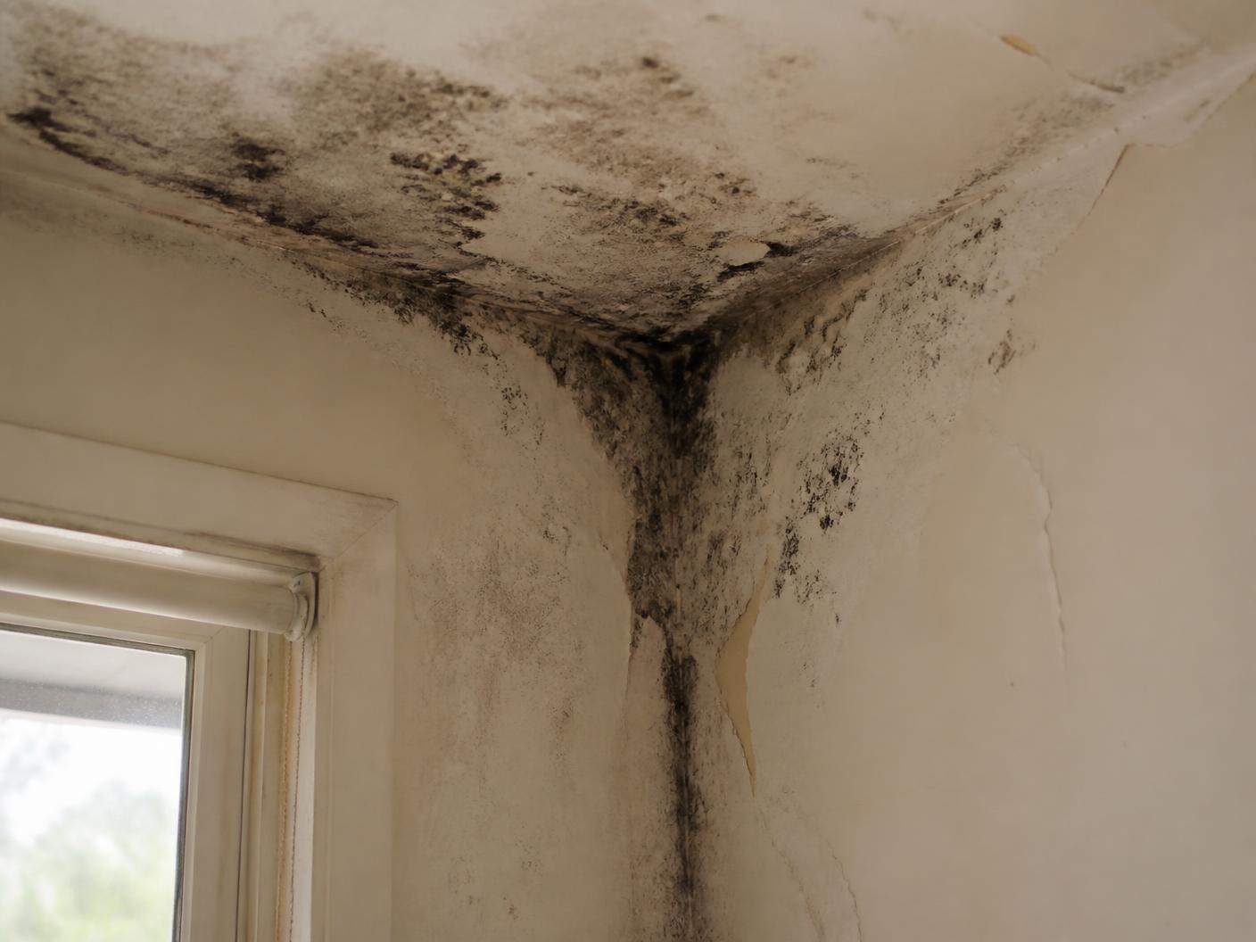 Mould growth spreading across an interior wall and ceiling corner